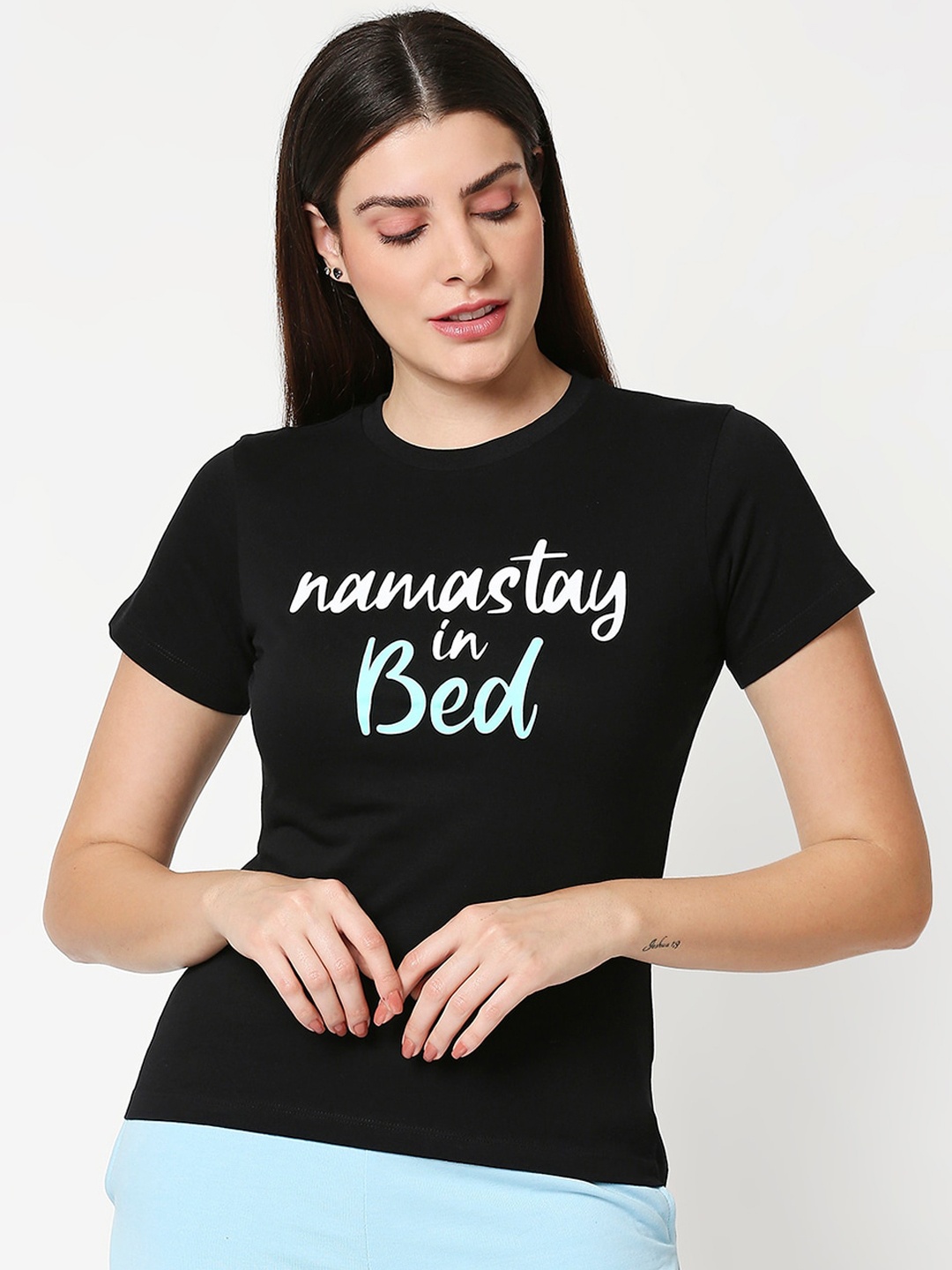 

Bewakoof Women Black Printed Round Neck Regular Fit Cotton Lounge T-shirt