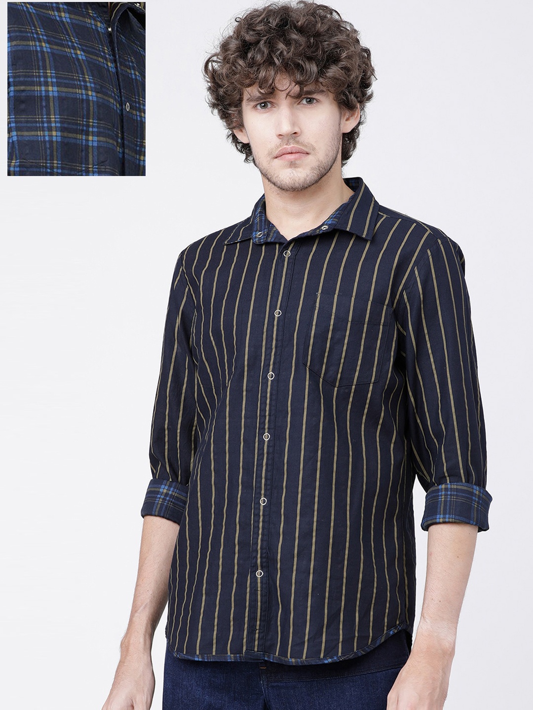 

HIGHLANDER Men Navy Blue & Olive Green Slim Fit Striped Reversible Casual Shirt