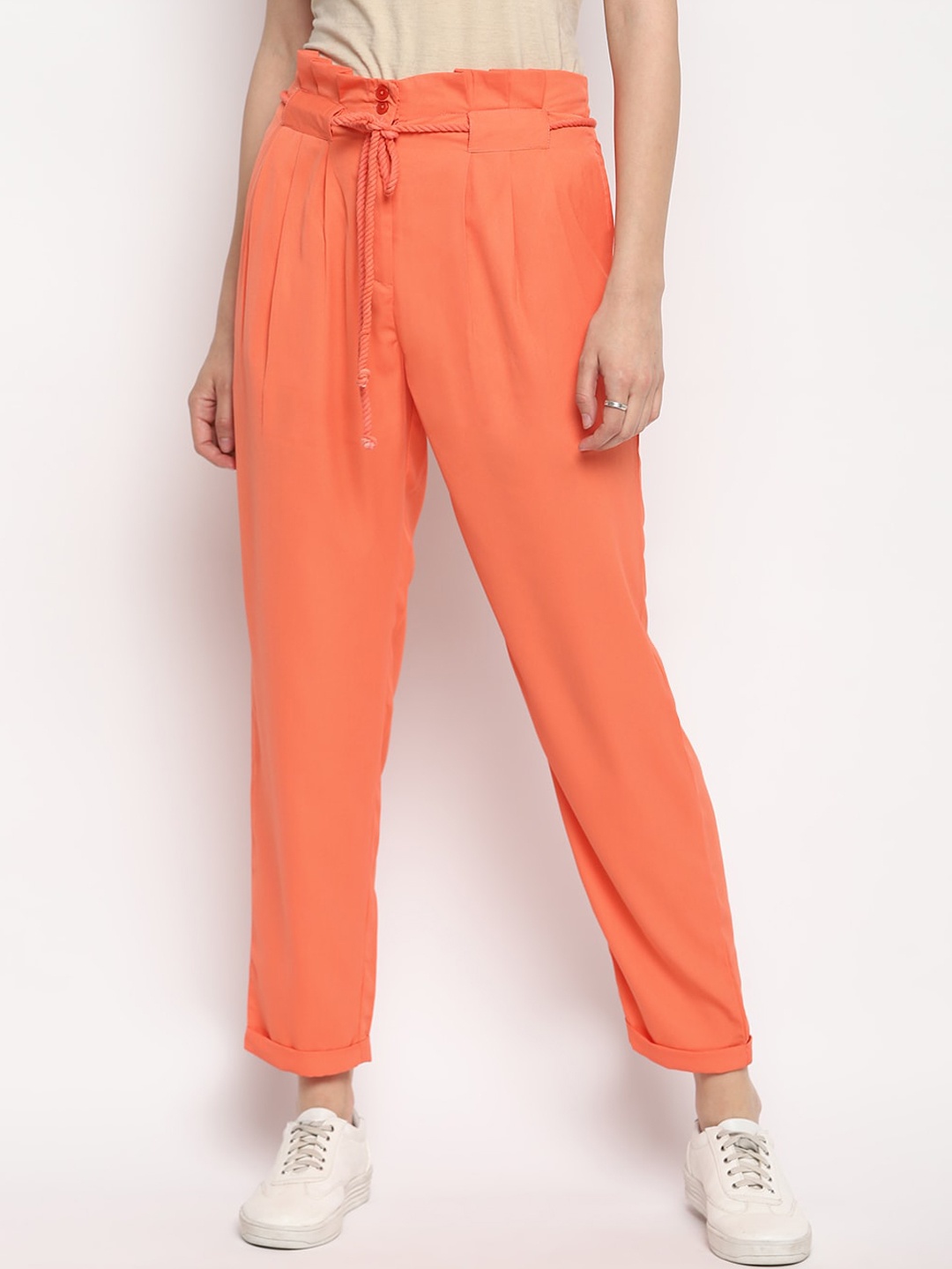 

Women Coral Orange Straight Fit Solid Regular Trousers with Belt