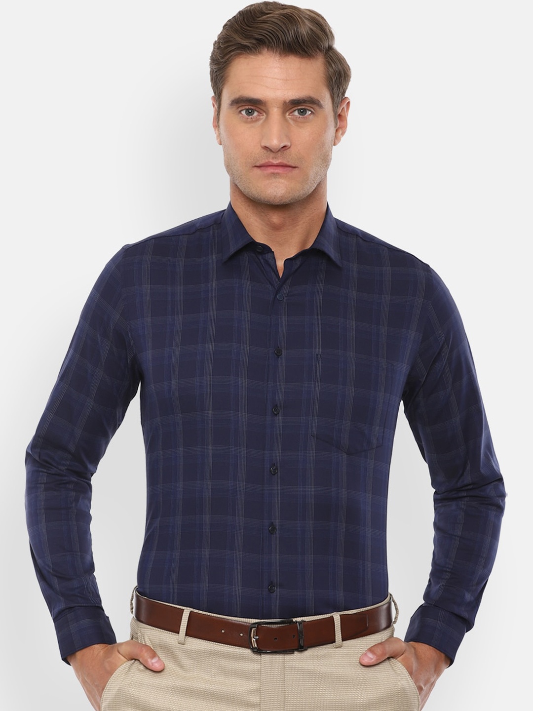 

Van Heusen Men Navy Blue & Black Slim Fit Checked Formal Shirt