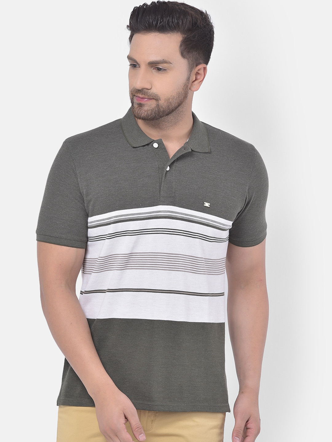 

COBB Men Grey & White Striped Polo Collar T-shirt