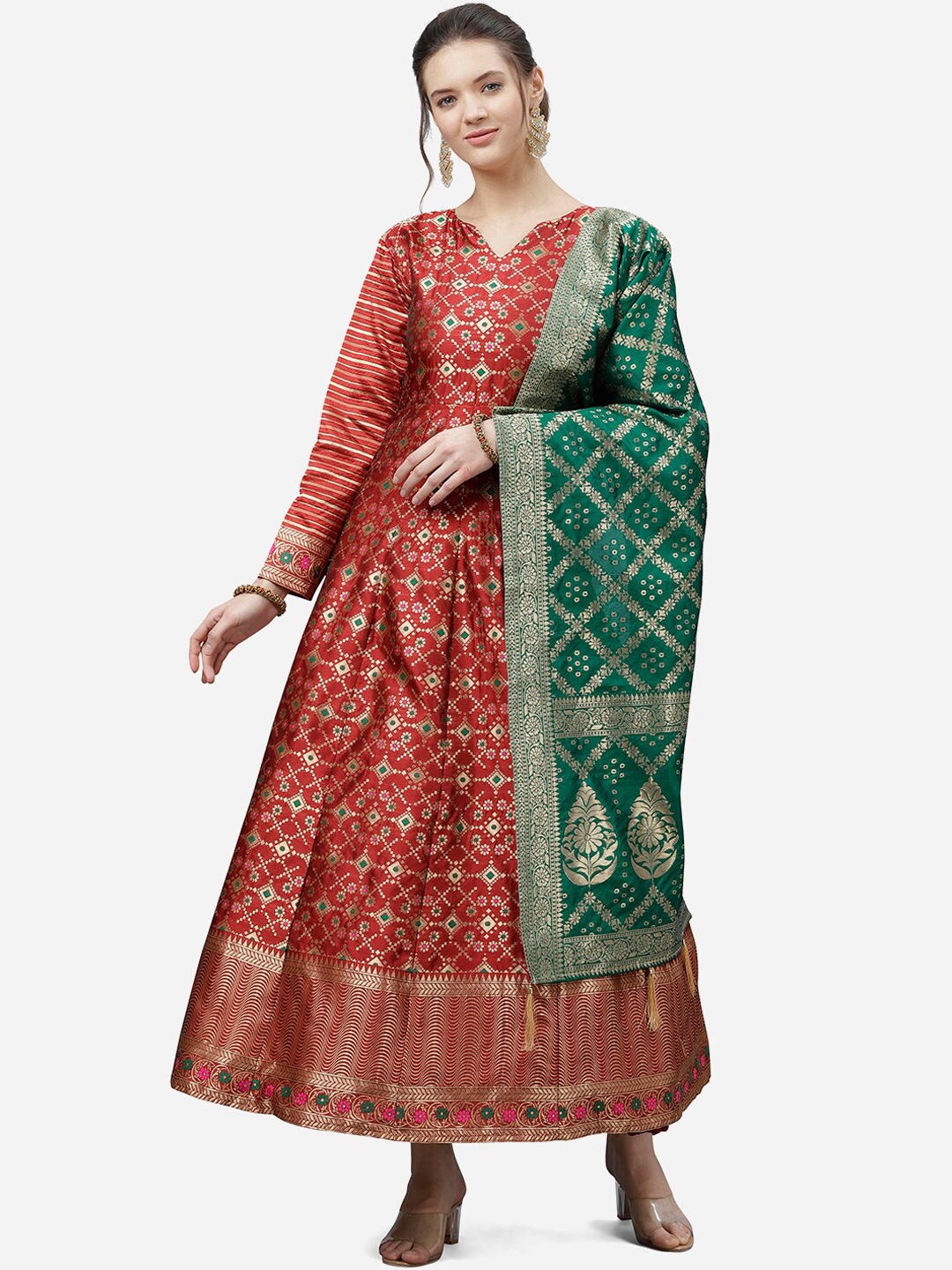PURVAJA Women Maroon Printed Semi-stitched Anarkali Gown With Dupatta