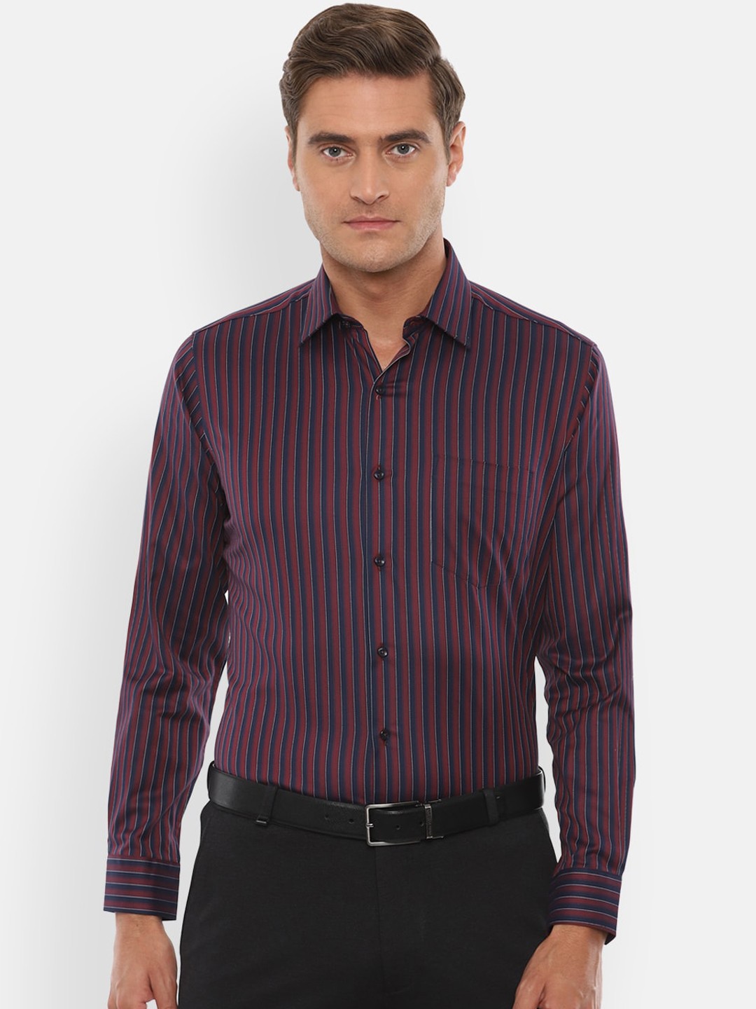 

Van Heusen Men Maroon & Navy Blue Striped Cotton Formal Shirt