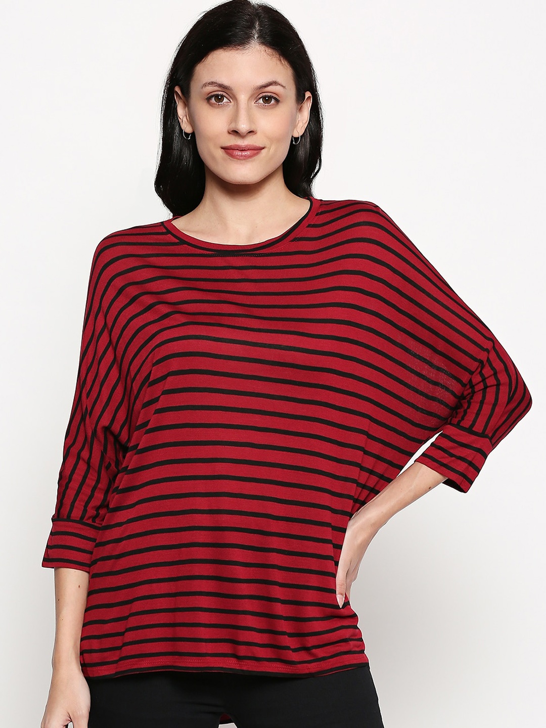 

People Women Red Striped Batwing Sleeves Regular Top