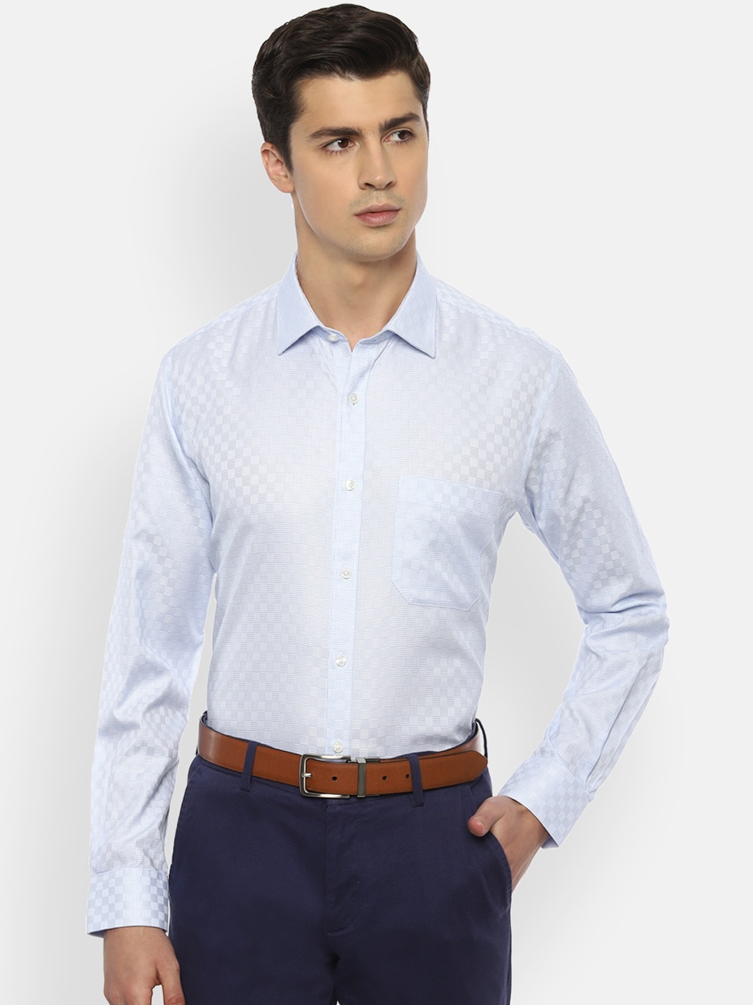 

Van Heusen Men Blue Cotton Regular Fit Self Checked Formal Shirt