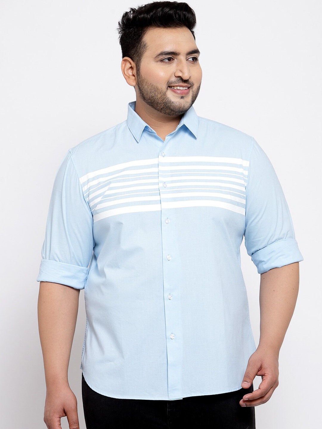 plusS Men Blue & White Regular Fit Striped Casual Shirt