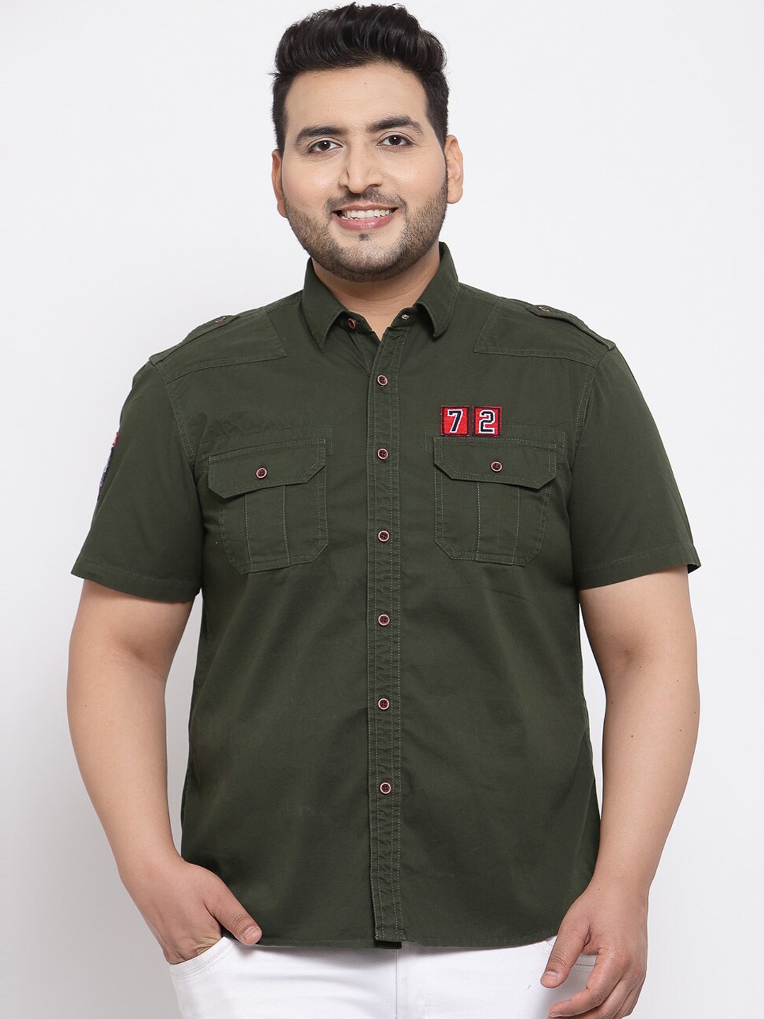 

plusS Men Plus Size Olive Green Regular Fit Solid Casual Shirt