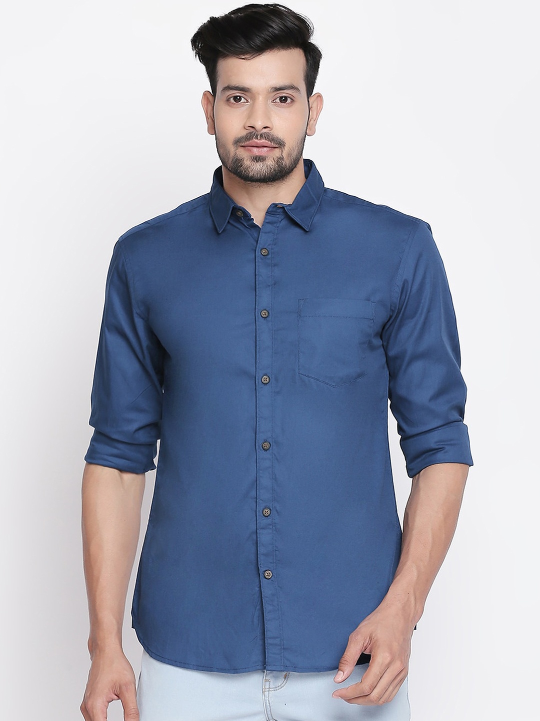 

BYFORD by Pantaloons Men Blue Cotton Slim Fit Solid Casual Shirt