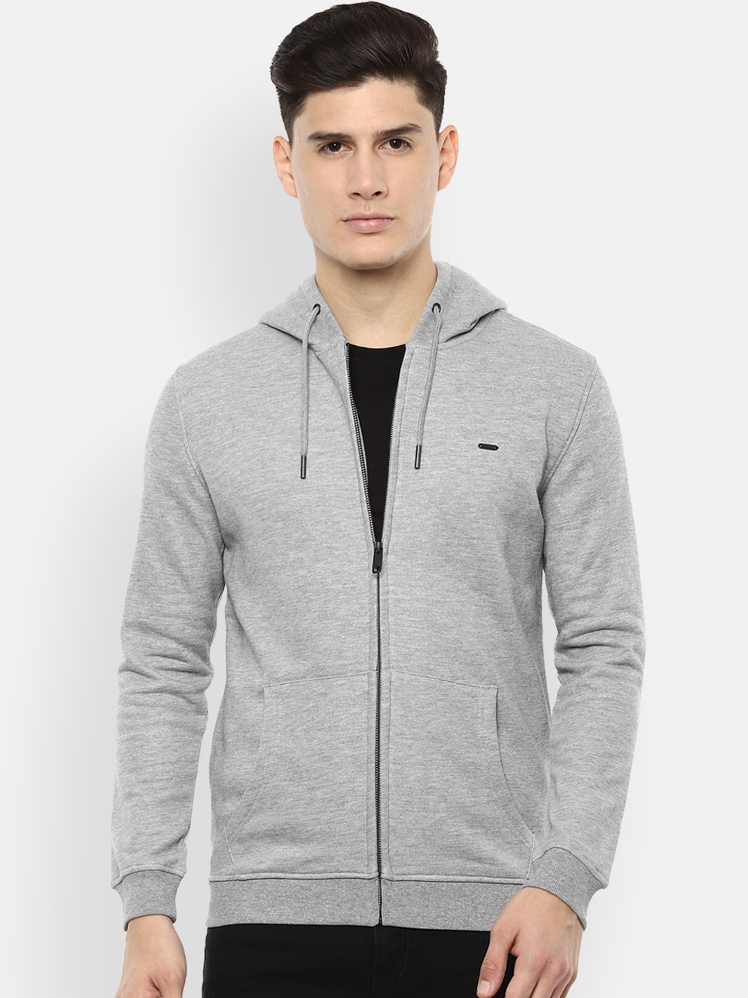 Van Heusen Sport Men Grey Melange Solid Hooded Sweatshirt