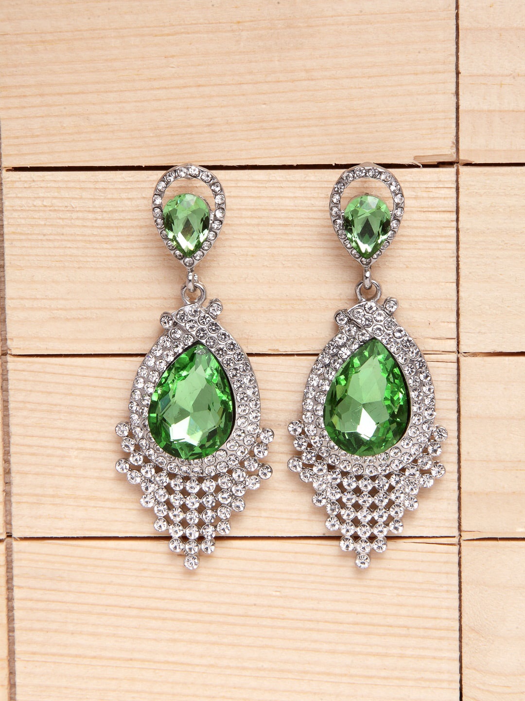 

Shining Diva Fashion Green Silver-Toned Teardrop Shaped Drop Earrings