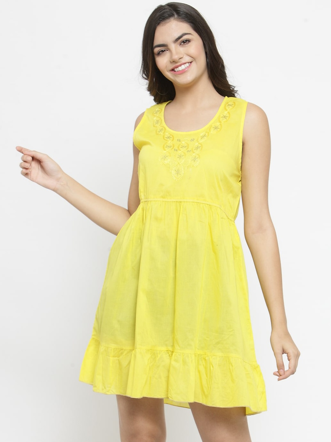 

Purple State Women Yellow Embroidered Fit and Flare Dress