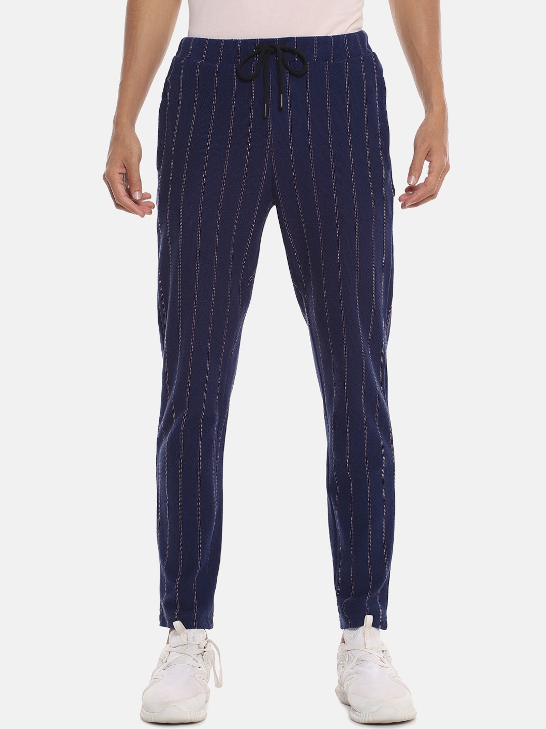 

Campus Sutra Men Navy Blue & White Striped Straight-Fit Cotton Track Pants