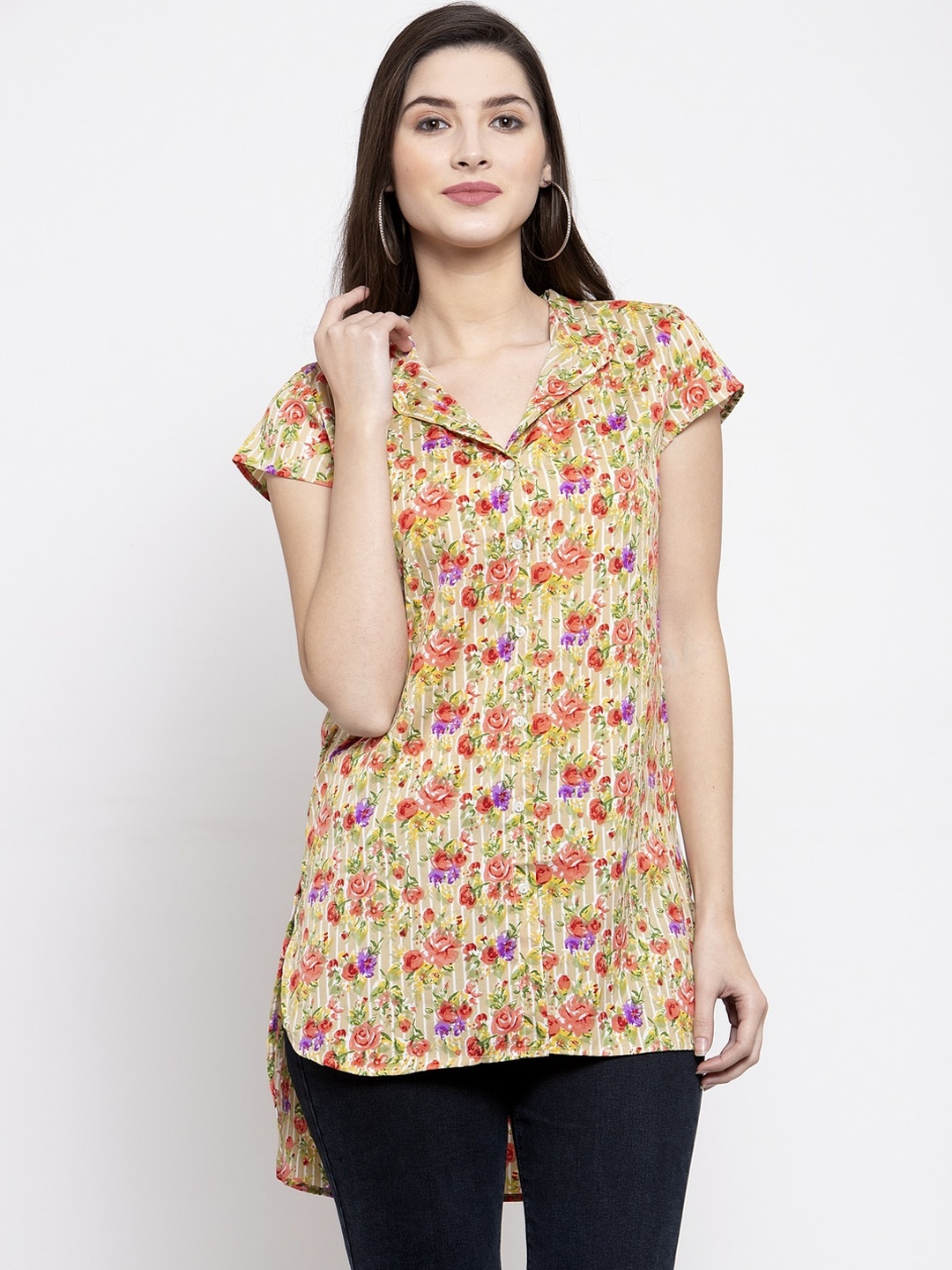 Purple State Multicoloured Floral Print High-Low Shirt Style Top, Multi