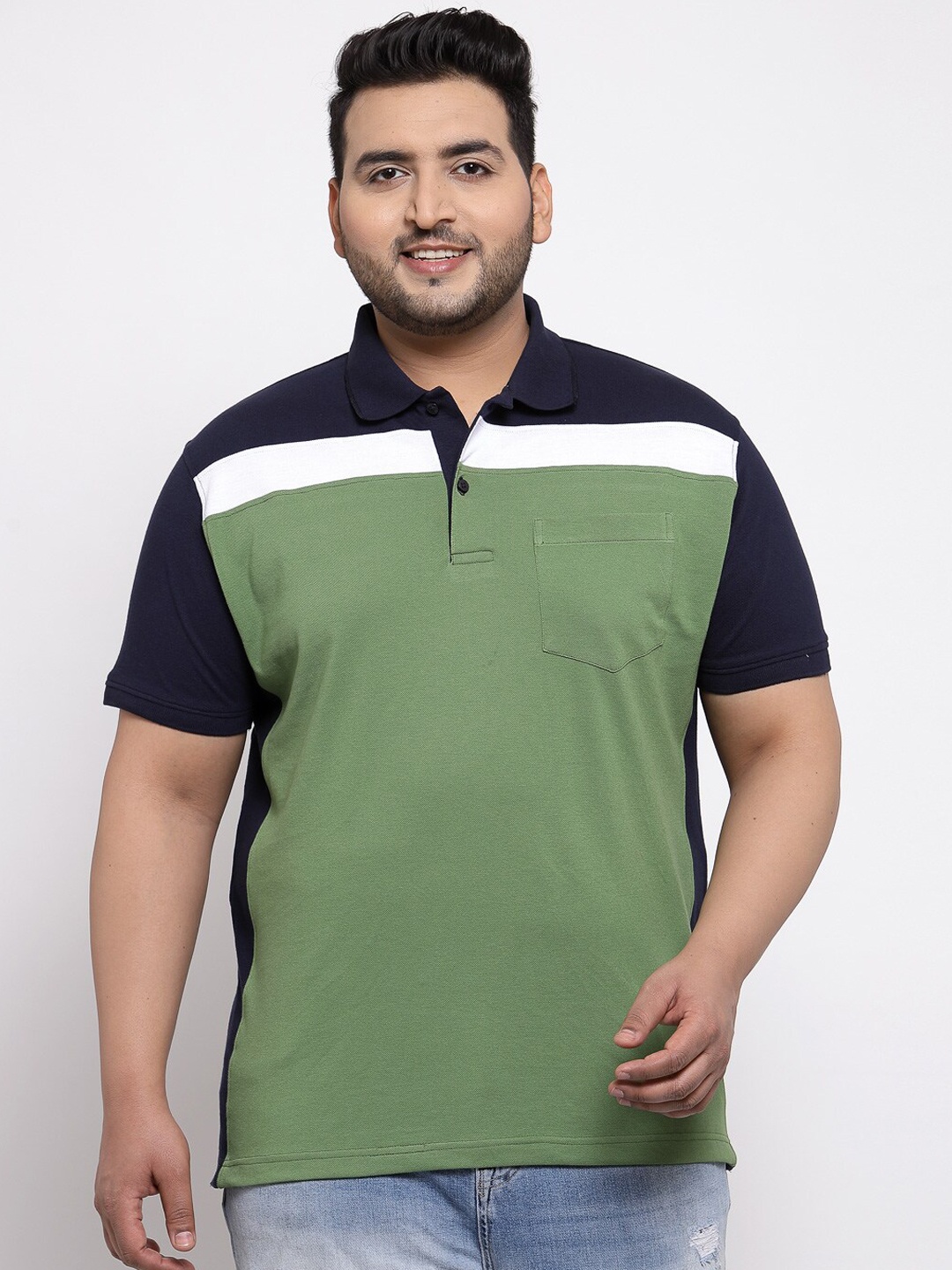 

plusS Men Green Colourblocked Polo Collar T-shirt