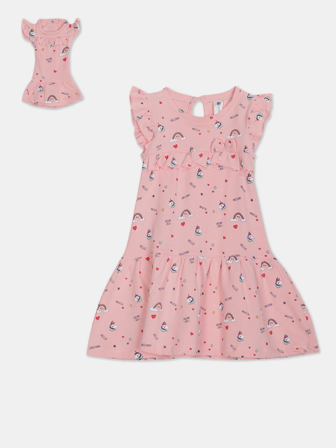 

Cherokee Girls Pink Printed Drop-Waist Dress with Doll Dress