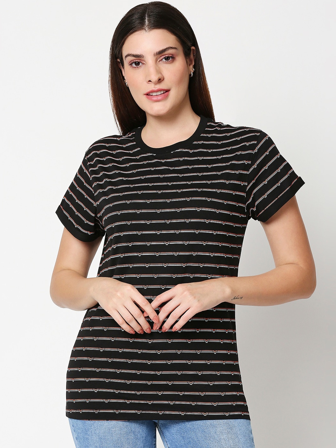 

Bewakoof Women Black Striped Round Neck T-shirt