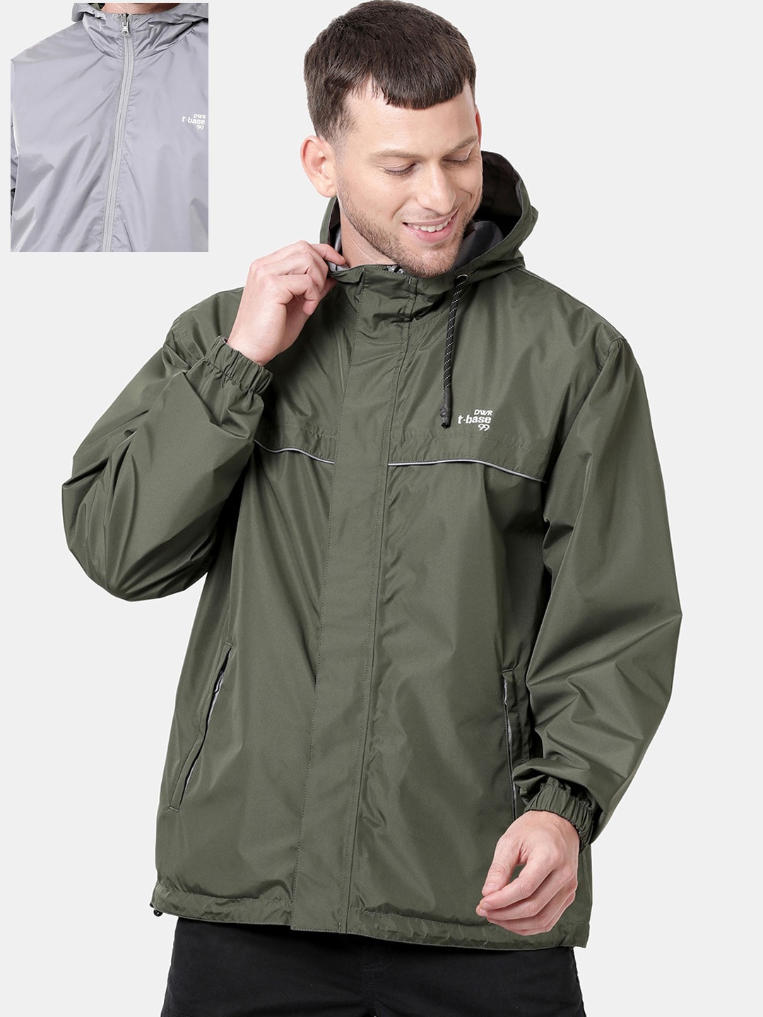 

t-base Men Olive Green & Grey Solid Waterproof Reversible Rainwear Jacket