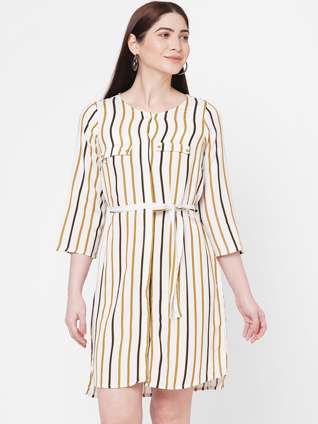 

109F Women Beige Striped Fit and Flare Dress