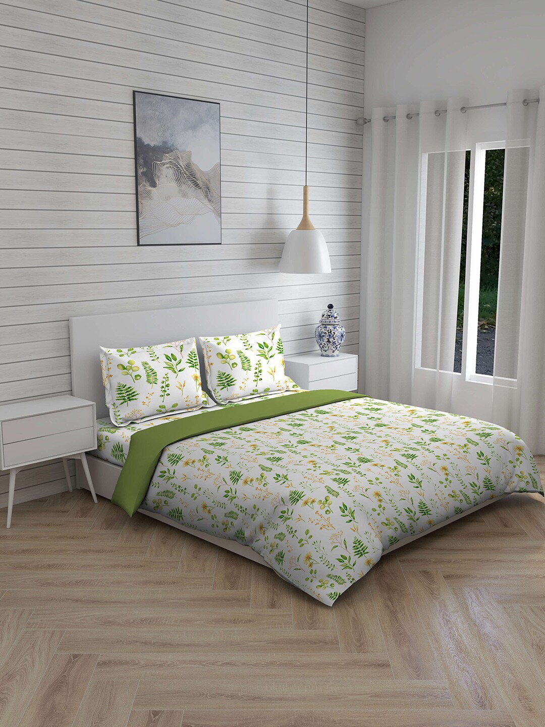 Boutique Living India Green & White Printed Pure Cotton 220 TC Double King Bedding Set