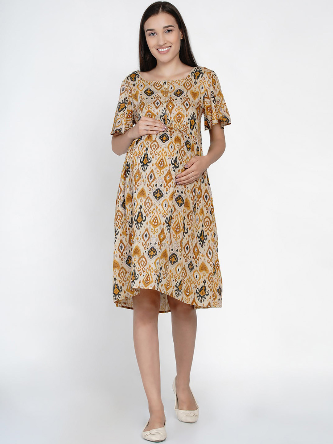 

Mine4Nine Women Beige & Mustard Yellow Printed Maternity A-Line Dress