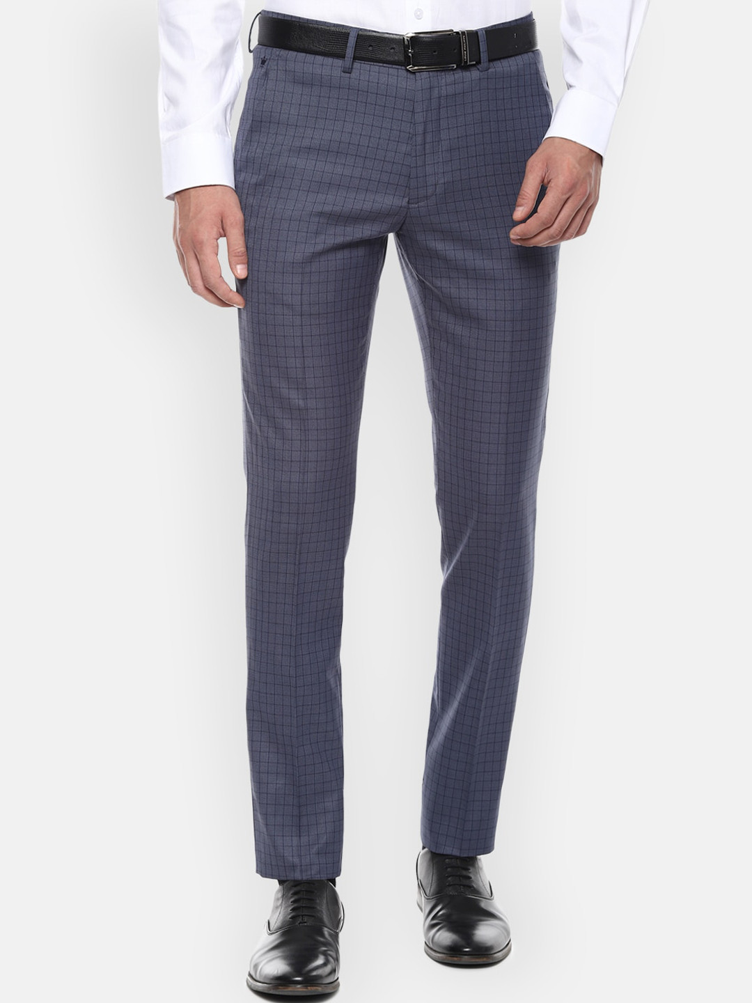 

Louis Philippe Men Navy Blue & White Slim Fit Checked Formal Trousers