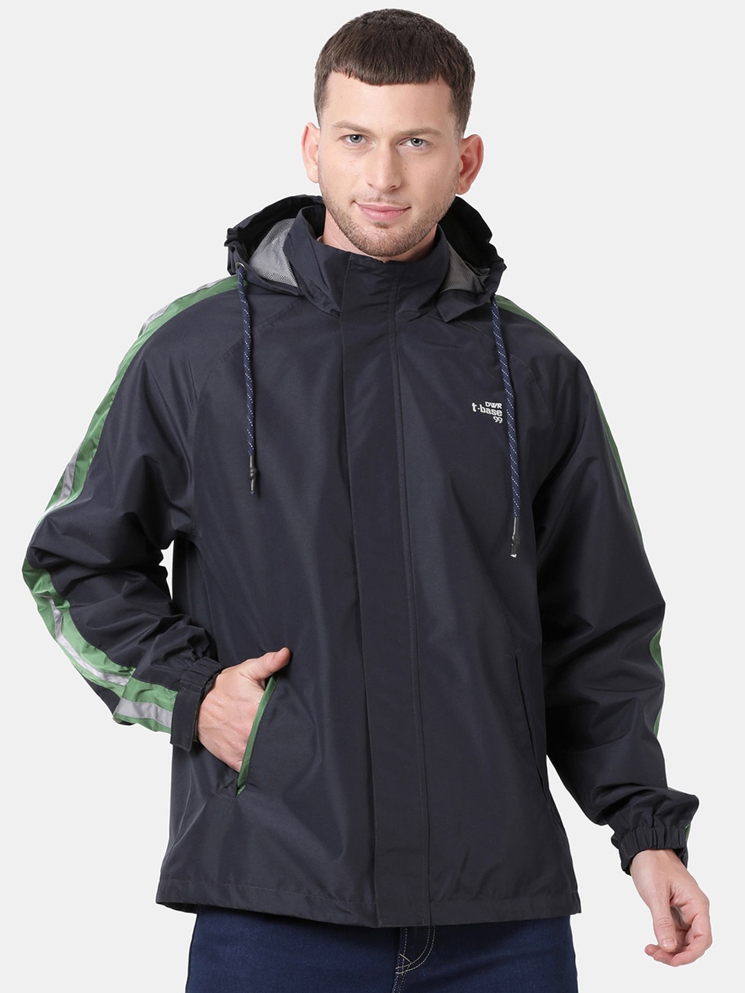 t-base Men Navy Blue & Green Solid Waterproof Rain Jacket