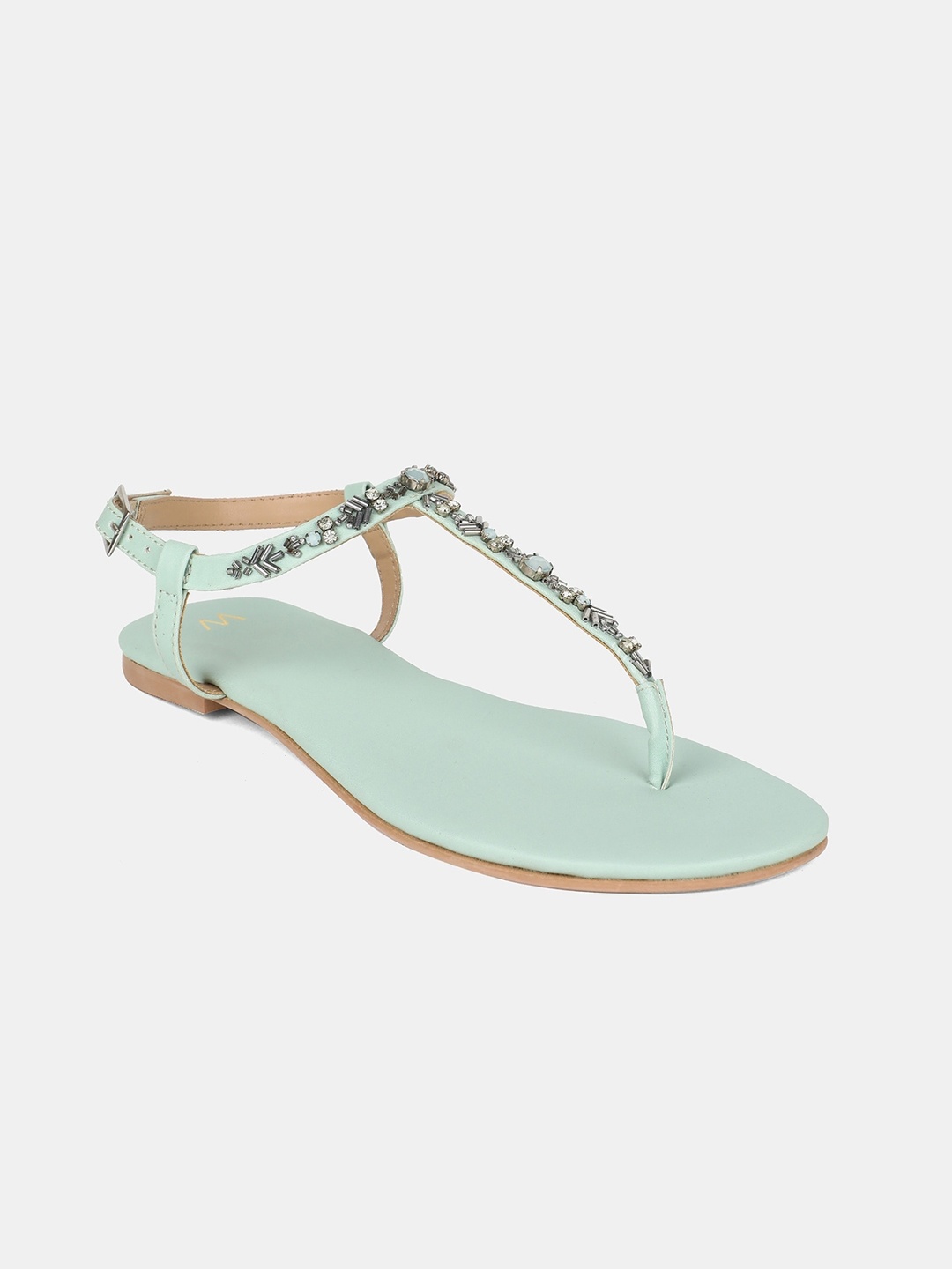 

W The Folksong Collection Women Sea Green Embellished PU T-Strap Flats