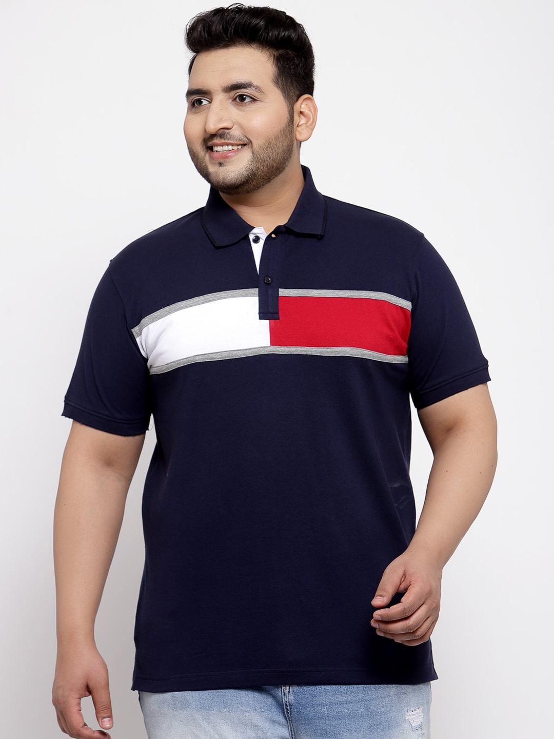 

plusS Men Plus Size Navy Blue & Red Colourblocked Polo Collar T-shirt
