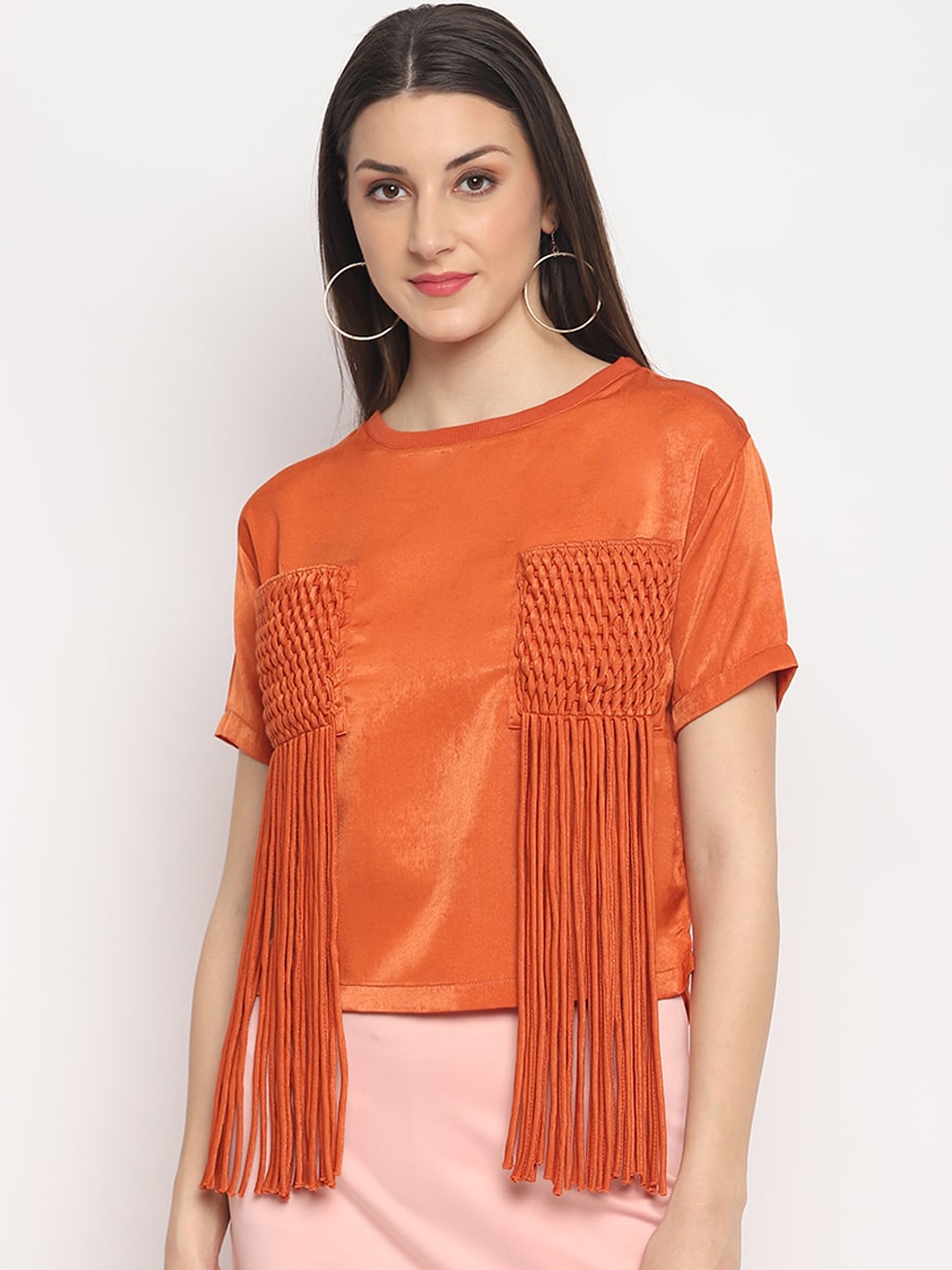 

OTORVA Orange Fringed Satin Regular Top