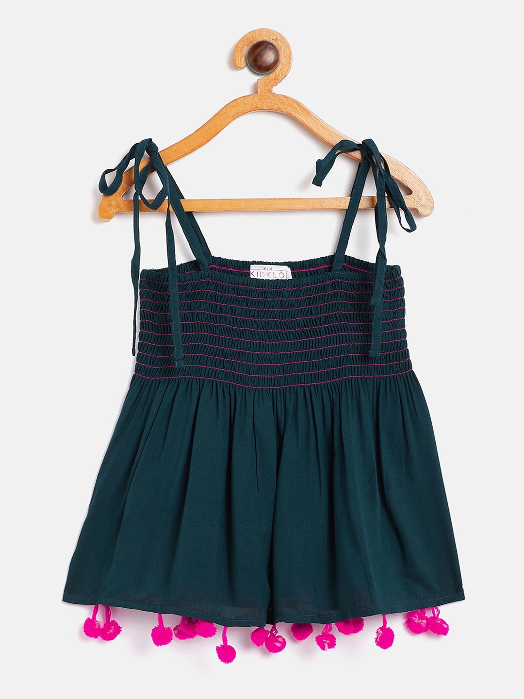 

KIDKLO Girls Teal Blue Smocked Regular Top With Pom Pom Detail