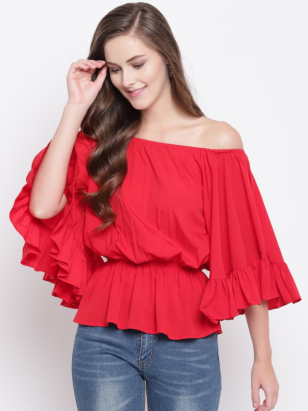 RIVI Red Off-Shoulder Batwing Sleeves Bardot Top