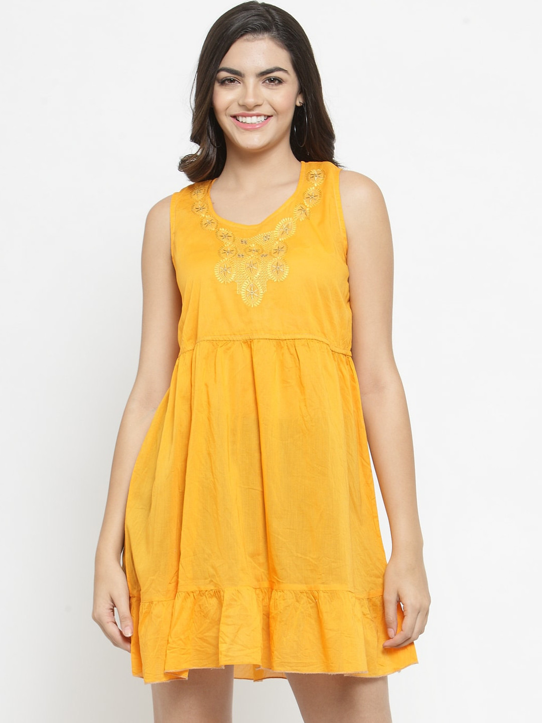 

Purple State Women Chrome Yellow Yoke Embroidery A-Line Dress