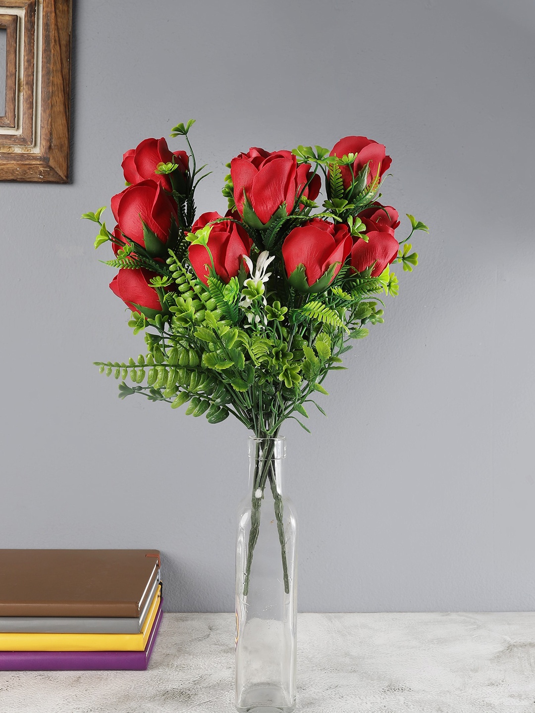 

FOLIYAJ Set Of 2 Red & Green Artificial Rose Bunches