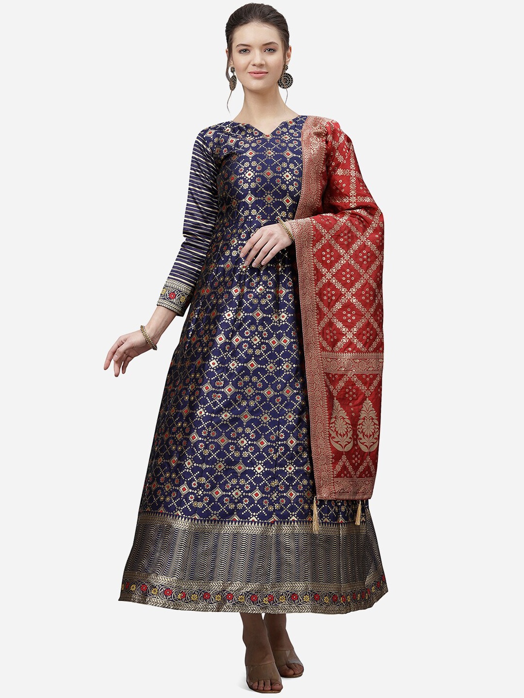 

PURVAJA Women Navy Blue & Golden Semi Stitched Jacquard Self Design Gown