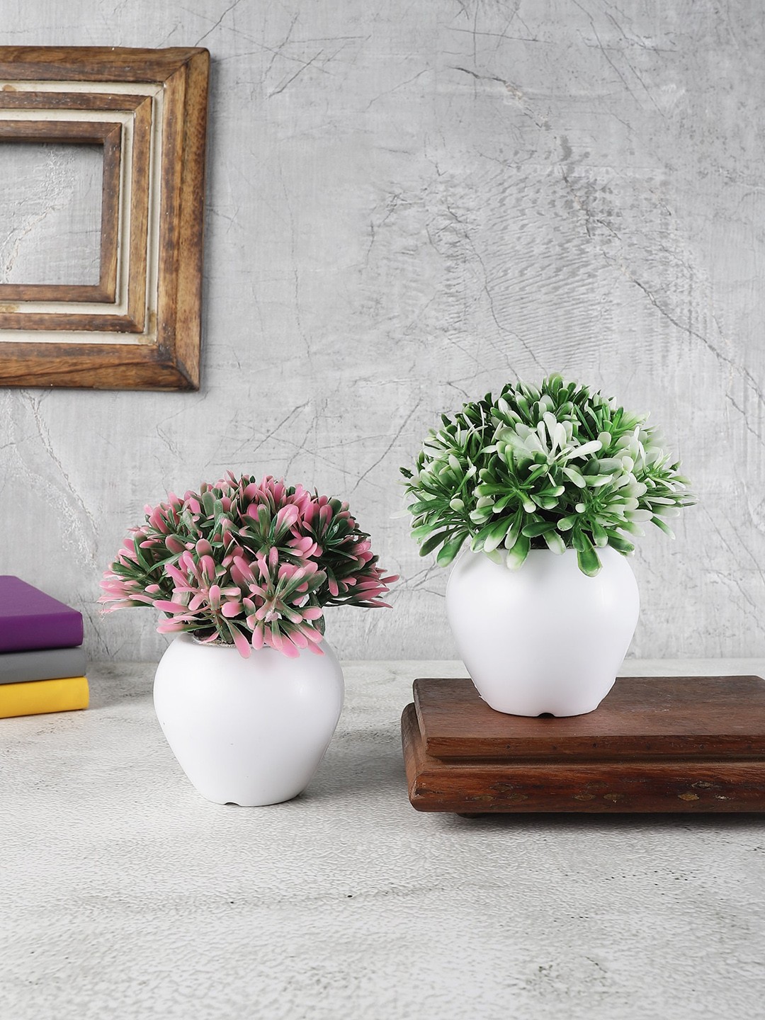 

FOLIYAJ Set Of 2 Artificial Mini Bushes With Pot, White