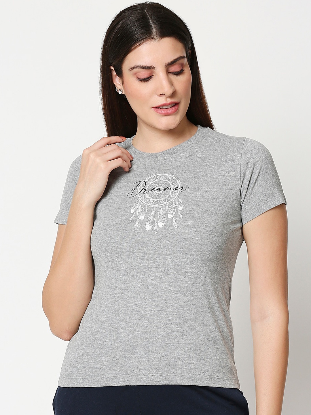 

Bewakoof Women Grey Printed Round Neck Pure Cotton T-shirt
