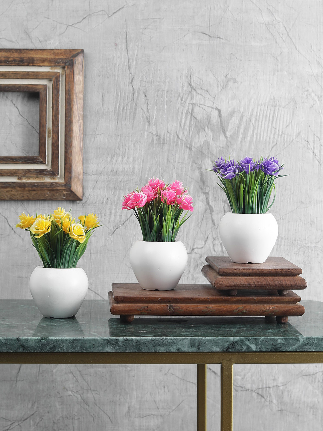 

FOLIYAJ Set Of 3 Artificial Mini Plant with Thin Long Leaves & White Apple-Shaped Pot, Purple