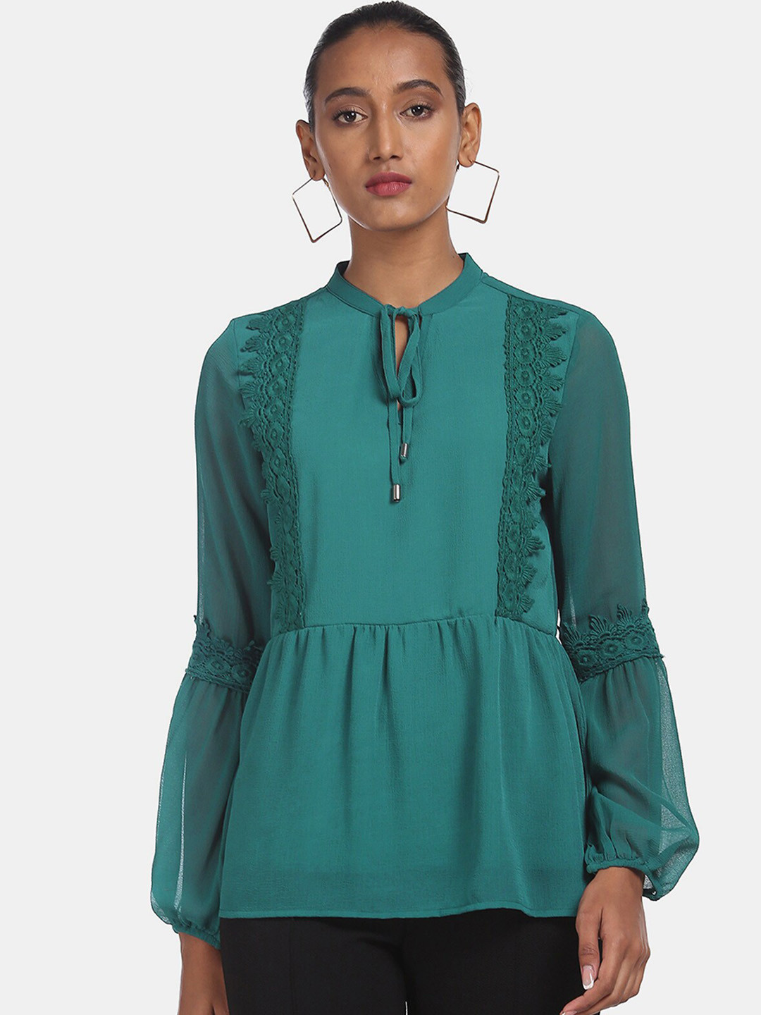 

Cherokee Green Floral Embroidered Tie-Up Neck Bishop Sleeves Regular Top