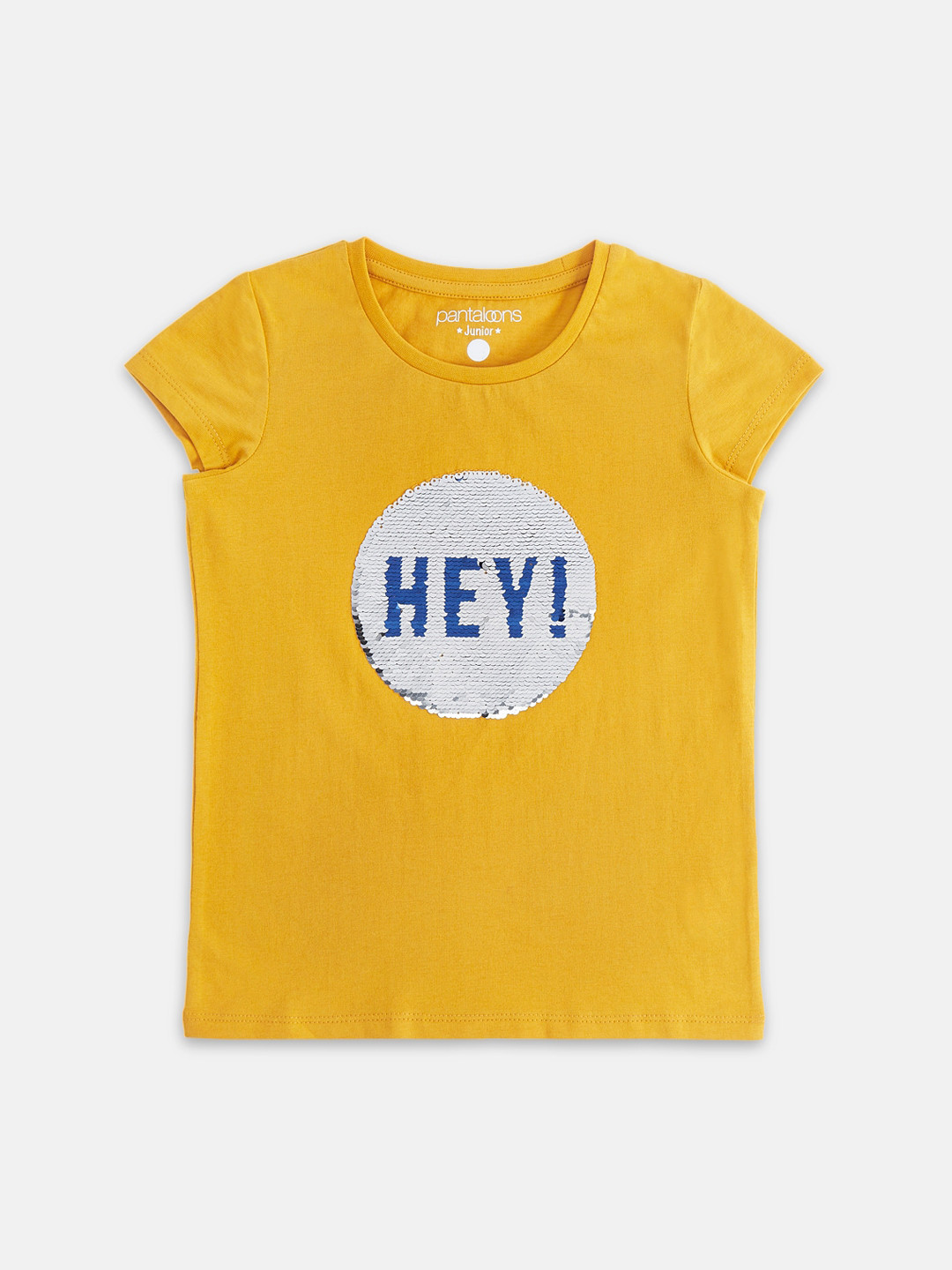 

Pantaloons Junior Girls Mustard Yellow Printed Round Neck Pure Cotton T-shirt