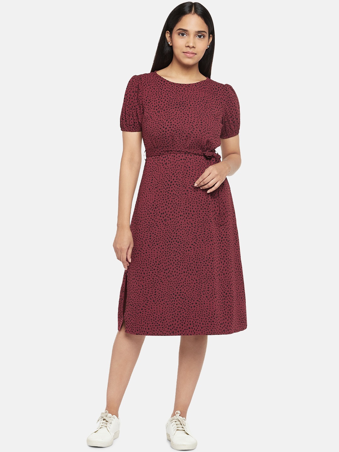 

People Women Maroon & Black Leopard Print A-Line Dress with Belt