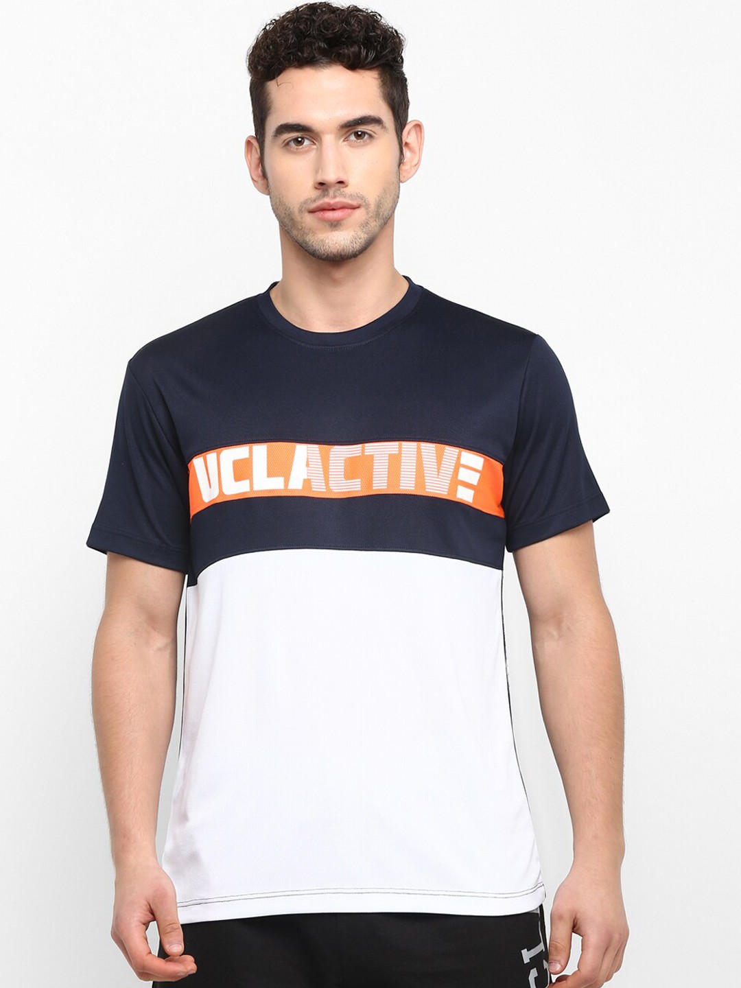 

UCLA Men Navy Blue & White Colourblocked Round Neck T-shirt With Printed Detail