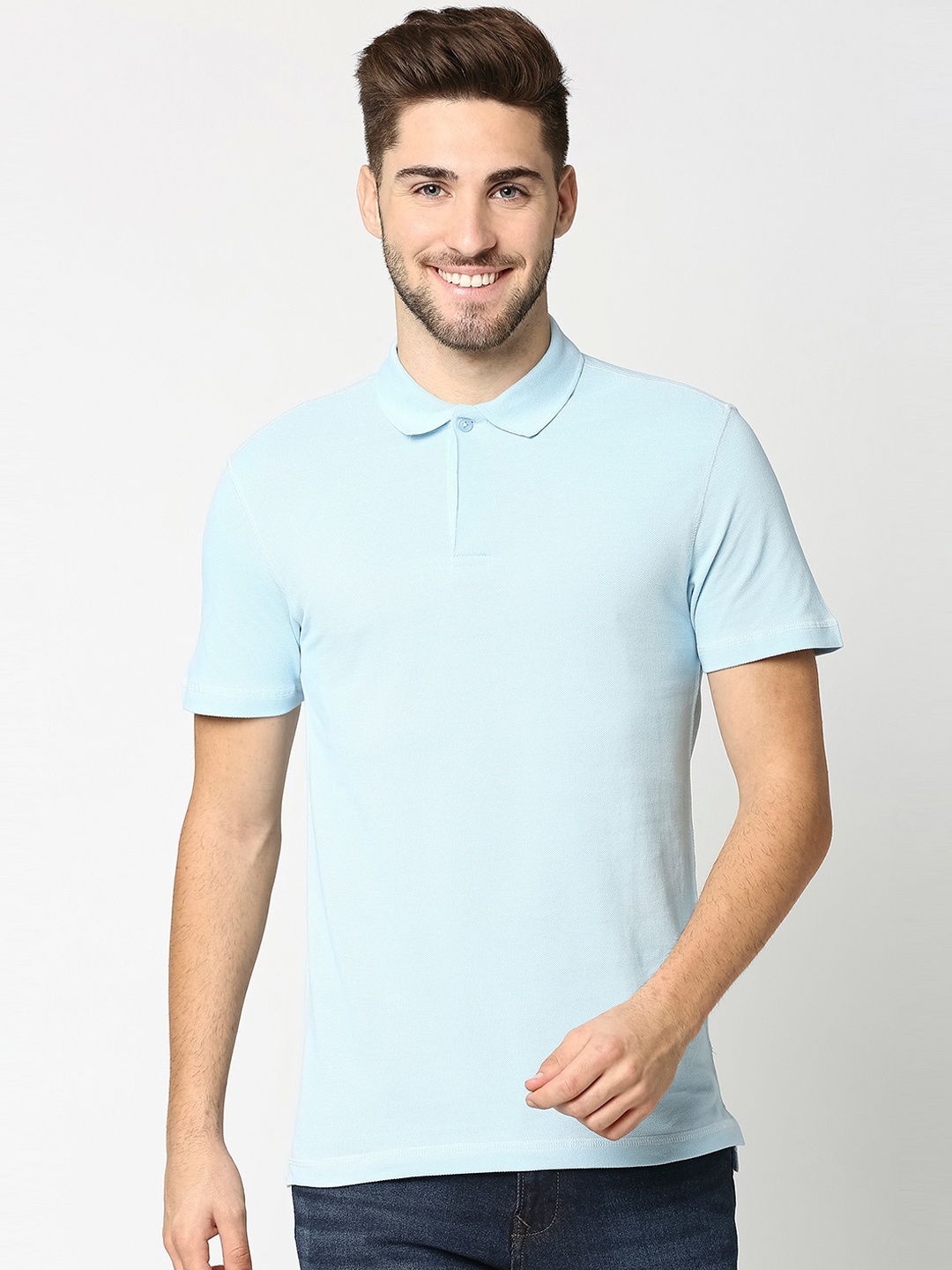 

Bewakoof Men Blue Solid Polo Collar T-shirt