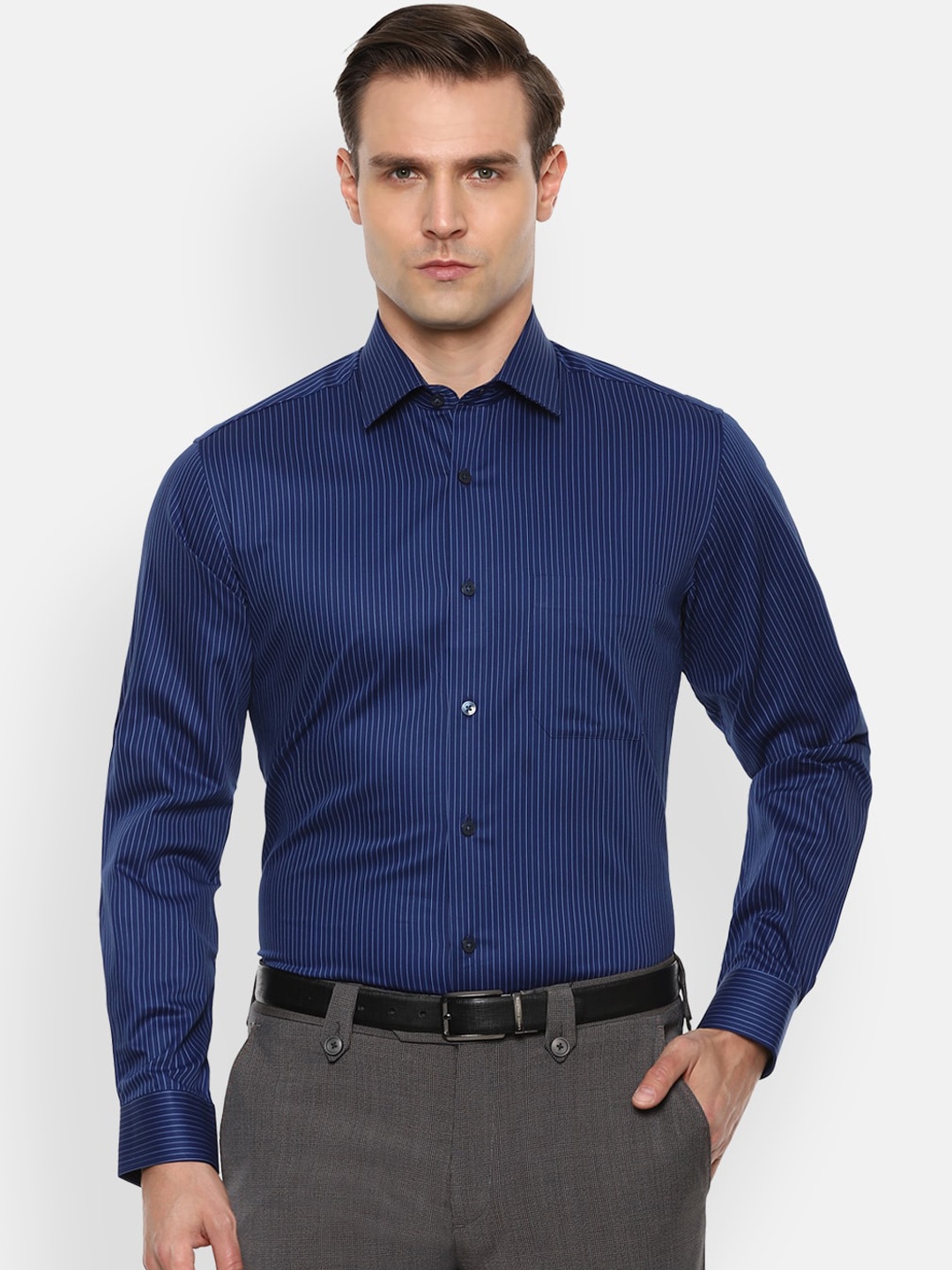 

Louis Philippe Men Navy Blue & White Cotton Slim Fit Pinstriped Formal Shirt
