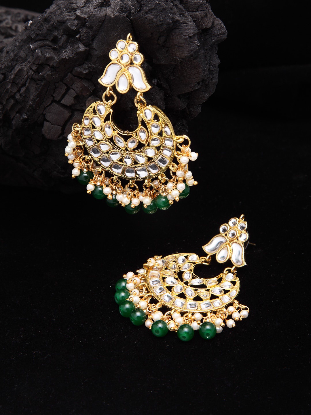 

Shining Diva Green & Gold-Toned Crescent Shaped Chandbalis