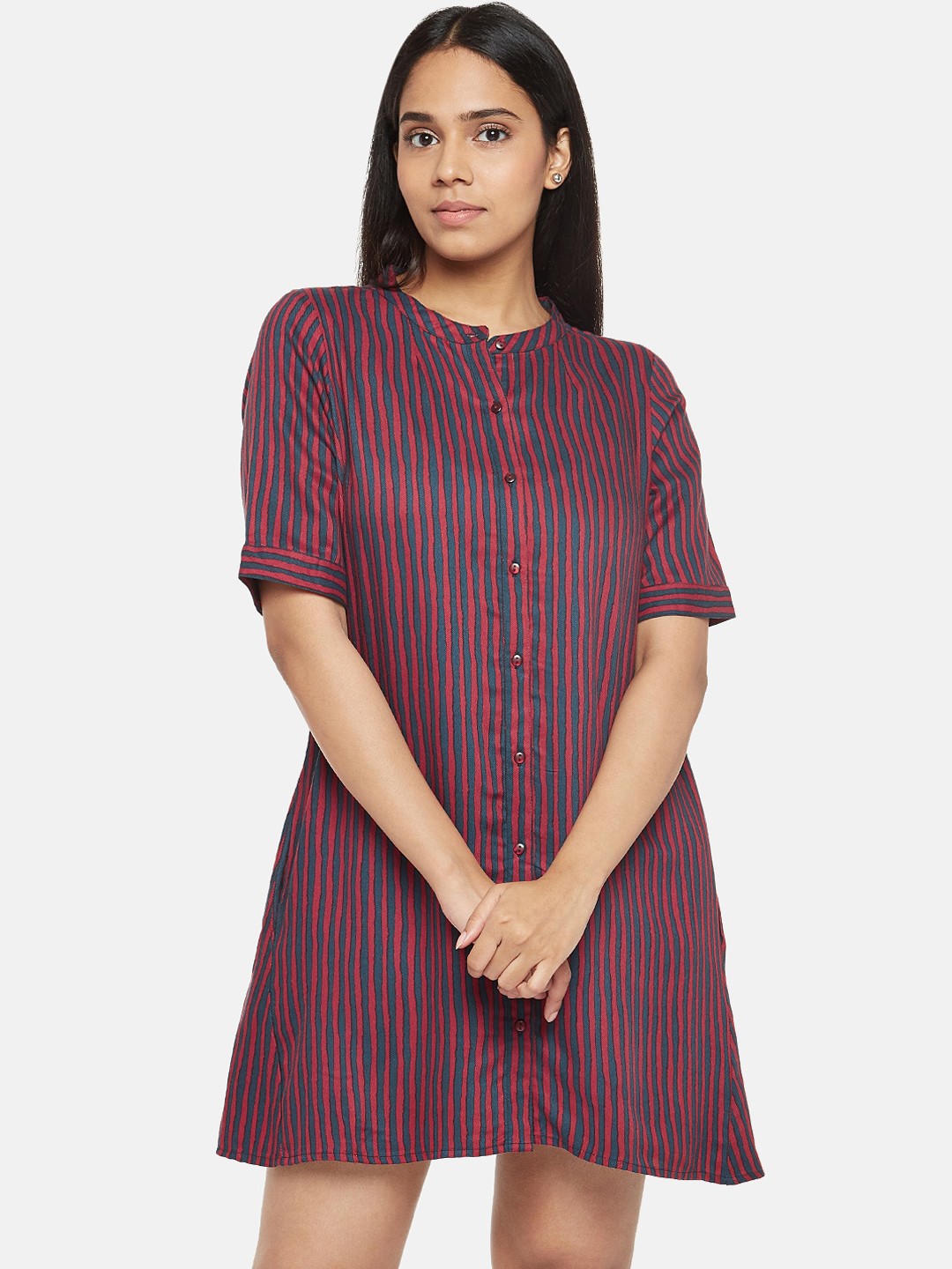 

People Women Maroon & Navy Blue Striped A-Line Dress