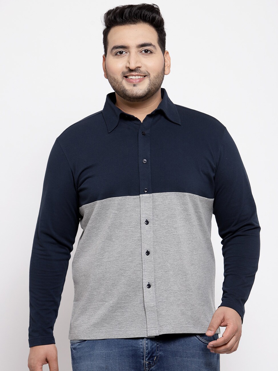 

plusS Men Grey Melange & Navy Blue Regular Fit Knitted Colourblocked Casual Shirt