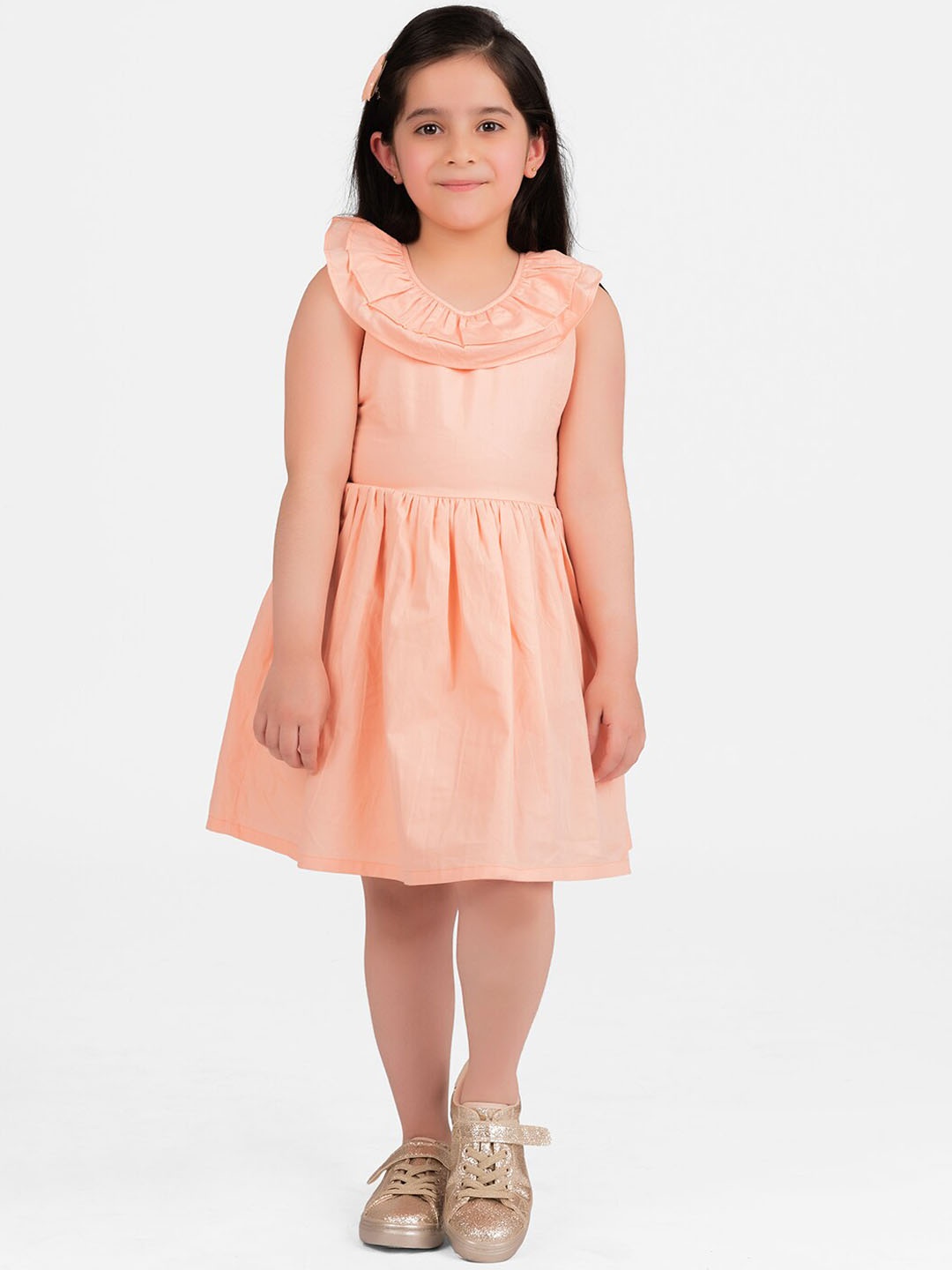 

KIDKLO Girls Peach-Coloured Solid Fit and Flare Dress