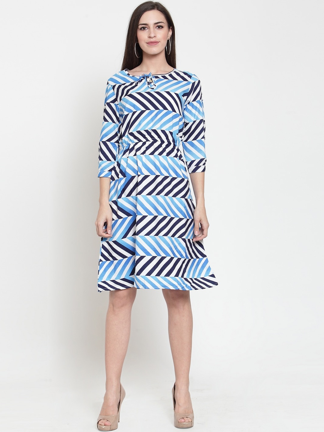 

Purple State Women Blue & White Chevron Printed A-Line Dress
