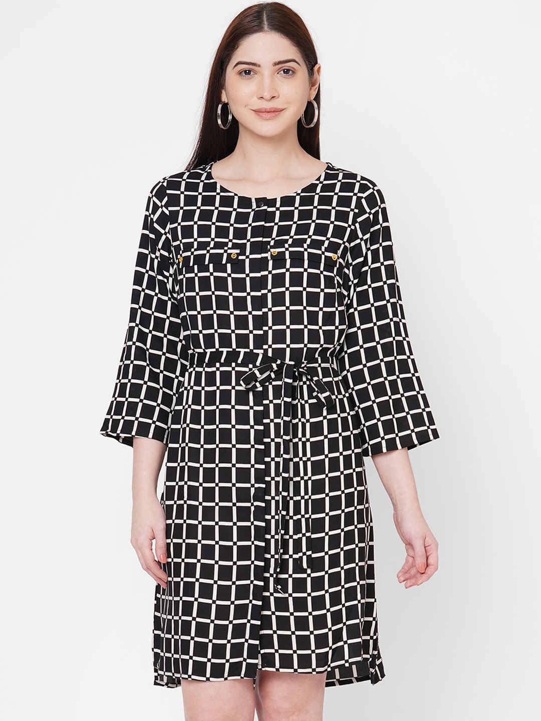 

109F Women Black & White Checked A-Line Dress