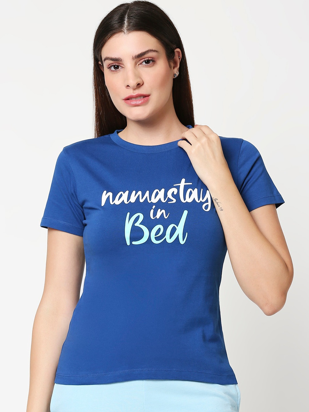 

Bewakoof Women Blue Printed Round Neck Regular Fit Lounge T-shirt